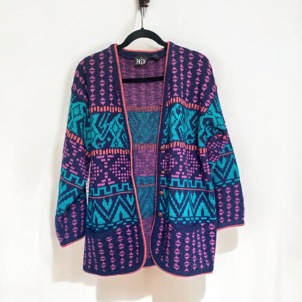 Vintage 80s Chunky Cardigan Sweater Colorful Aztec Patterned Women's M  Preppy